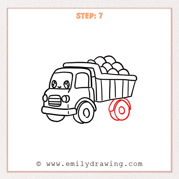 how to draw a dump truck - Step 7 adds a second rear wheel beneath the dump truck’s bed, with an inner hub circle and a curved fender above it.